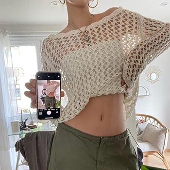 ABYOVRT Women Knit Crochet Hollow Out Fishnet Top Long